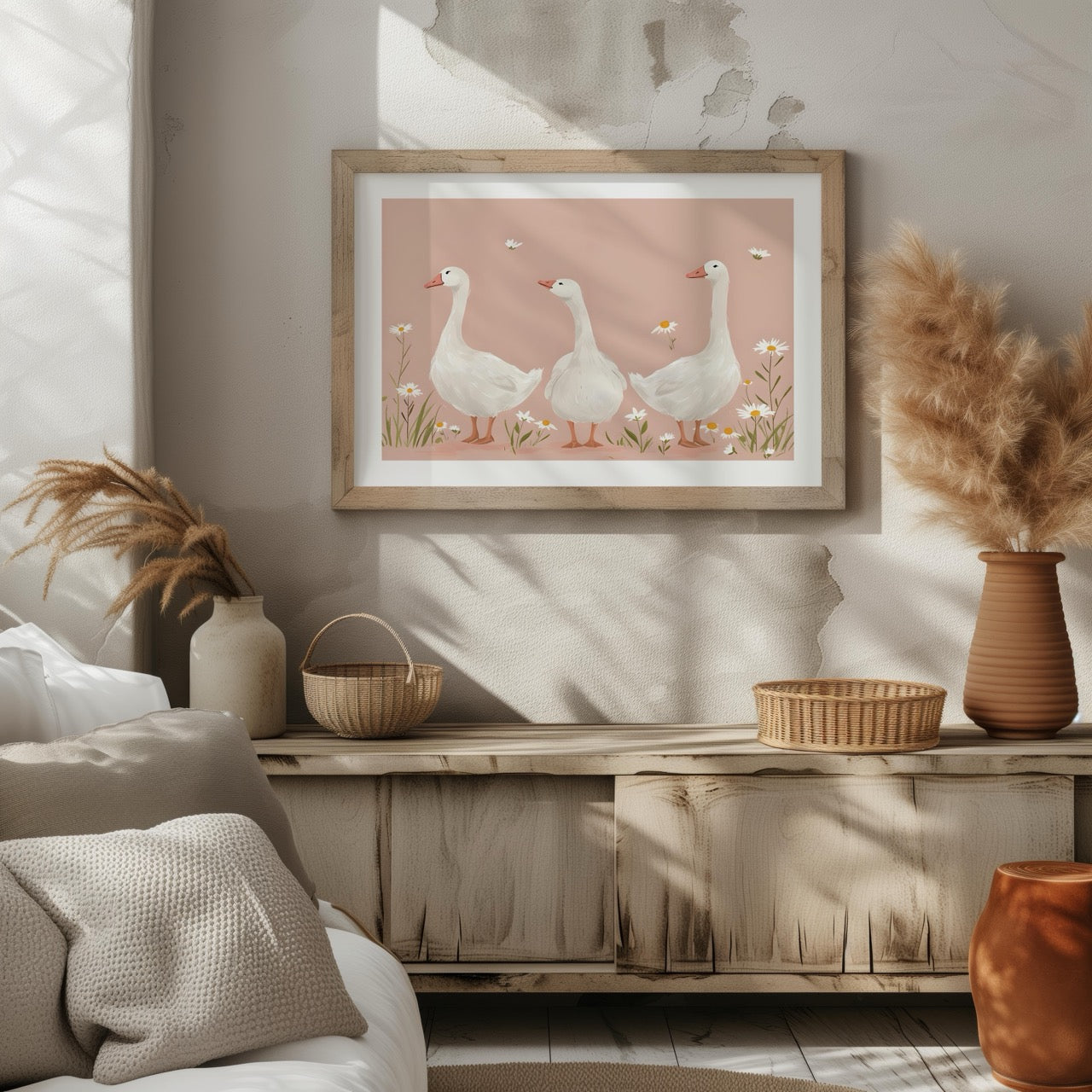 Adorable Geese in a Pink Meadow - Rolled Poster Wall Art Print | House Prints