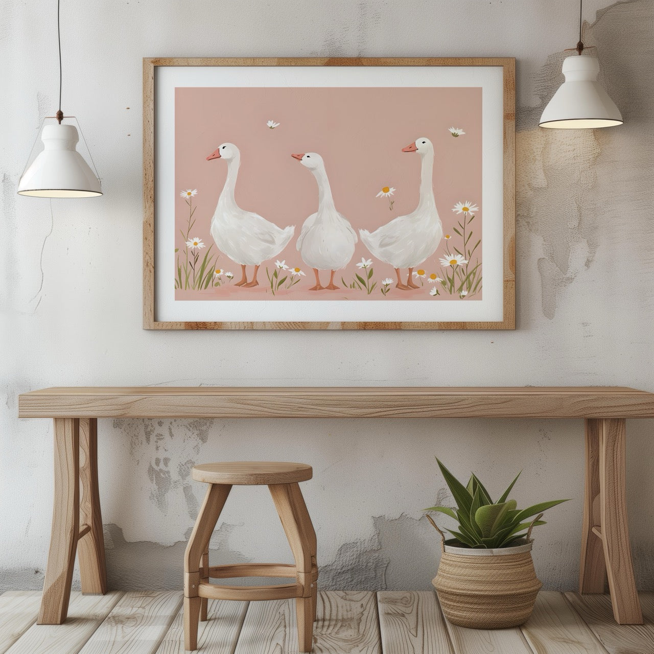 Adorable Geese in a Pink Meadow - Rolled Poster Wall Art Print | House Prints