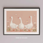 Adorable Geese in a Pink Meadow - Rolled Poster Wall Art Print | House Prints