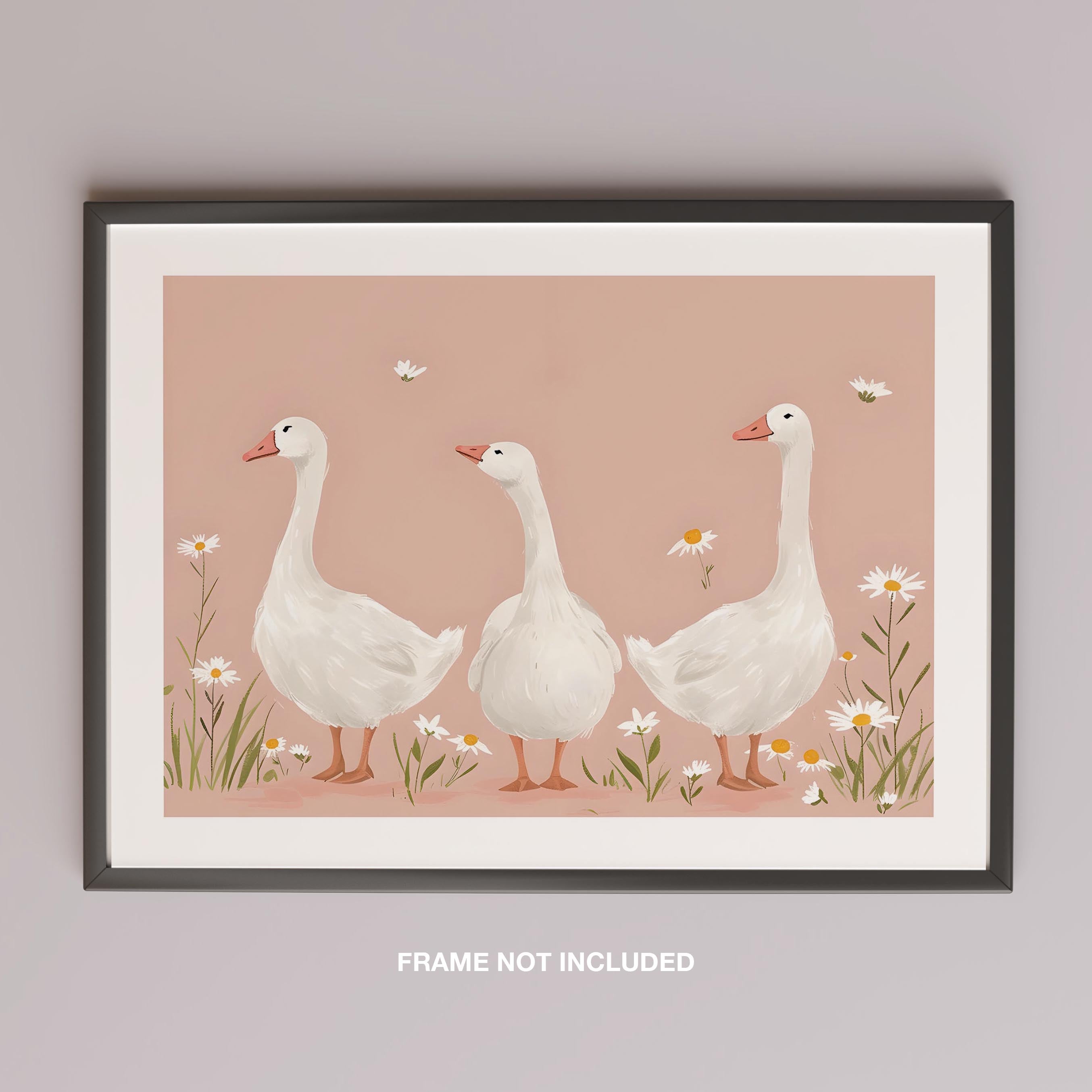 Adorable Geese in a Pink Meadow - Rolled Poster Wall Art Print | House Prints