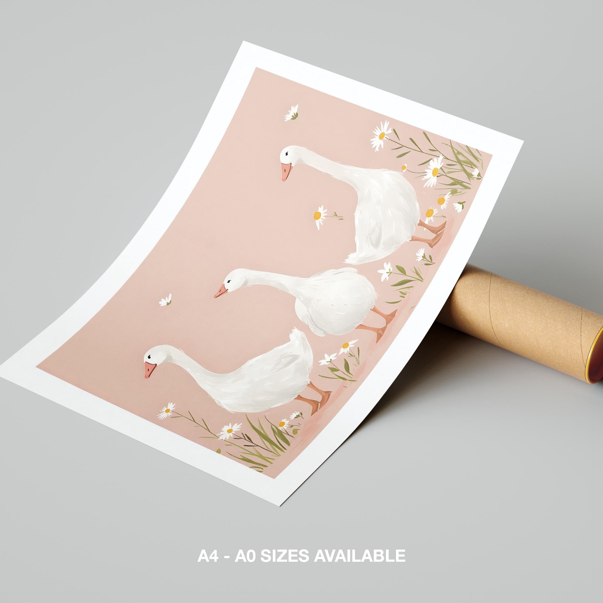 Adorable Geese in a Pink Meadow - Rolled Poster Wall Art Print | House Prints