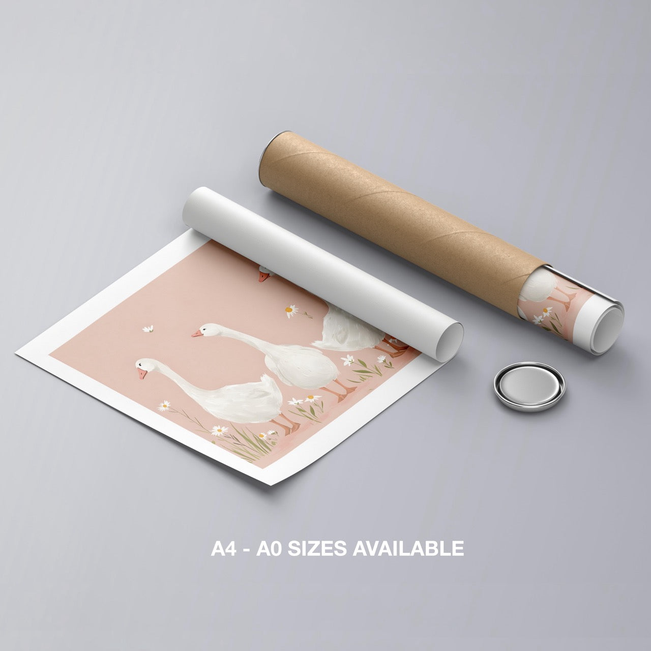 Adorable Geese in a Pink Meadow - Rolled Poster Wall Art Print | House Prints