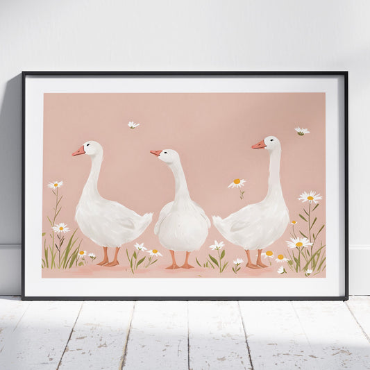 Adorable Geese in a Pink Meadow - Rolled Poster Wall Art Print - House Prints