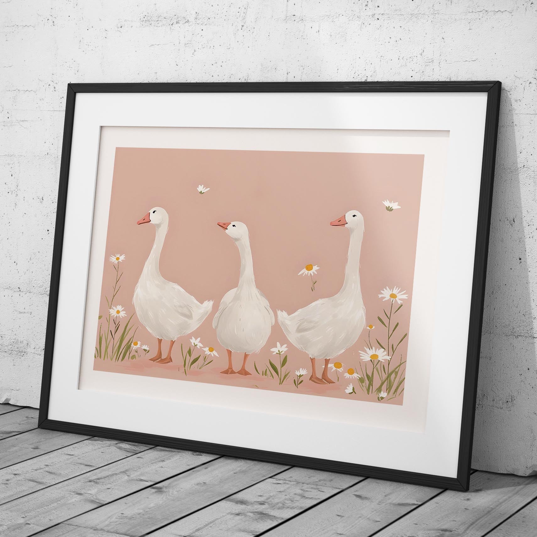 Adorable Geese in a Pink Meadow - Rolled Poster Wall Art Print | House Prints