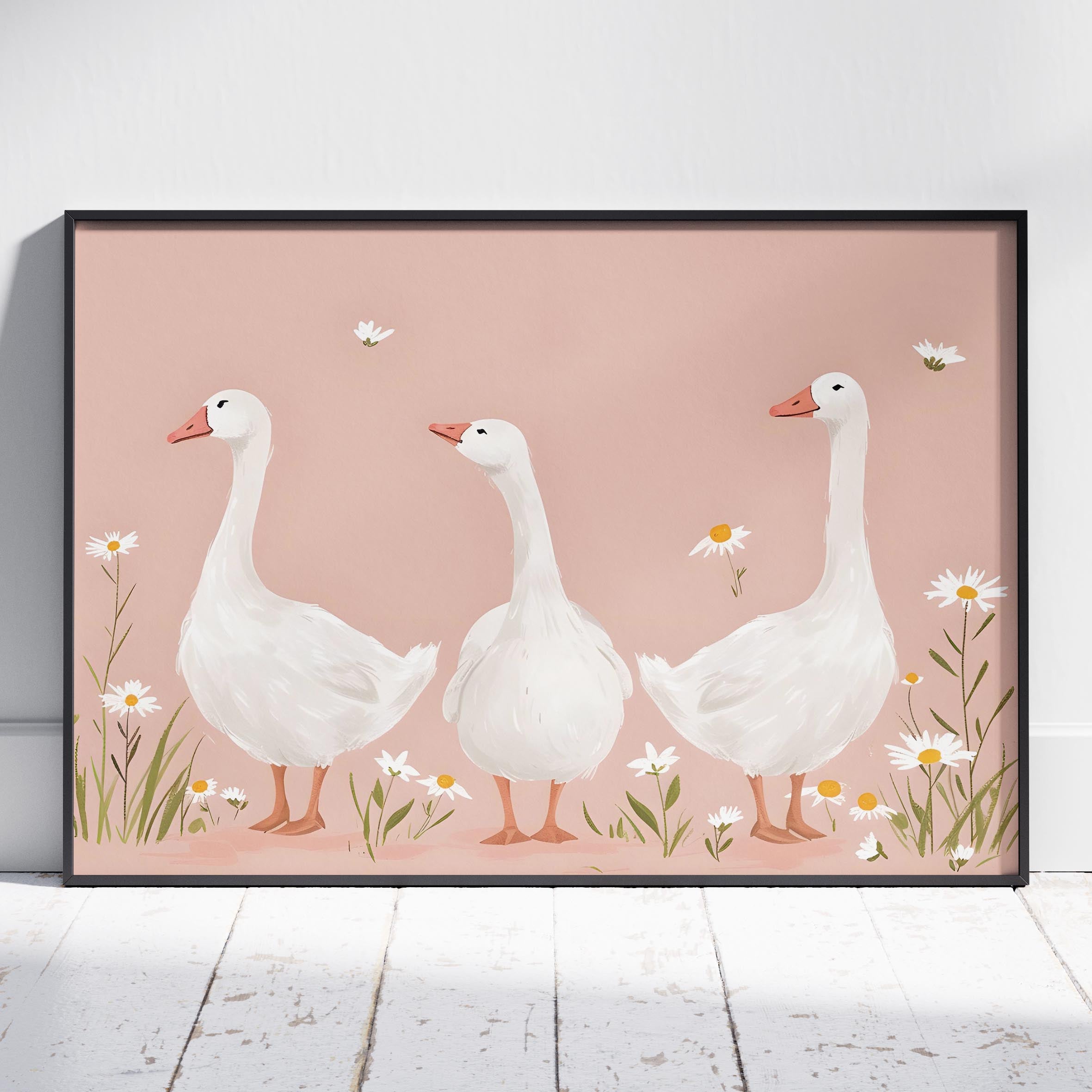 Adorable Geese in a Pink Meadow - Rolled Poster Wall Art Print | House Prints