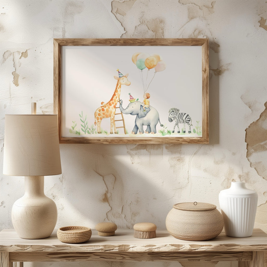 Cute Safari Animal Birthday Balloons - Rolled Poster Wall Art Print | House Prints