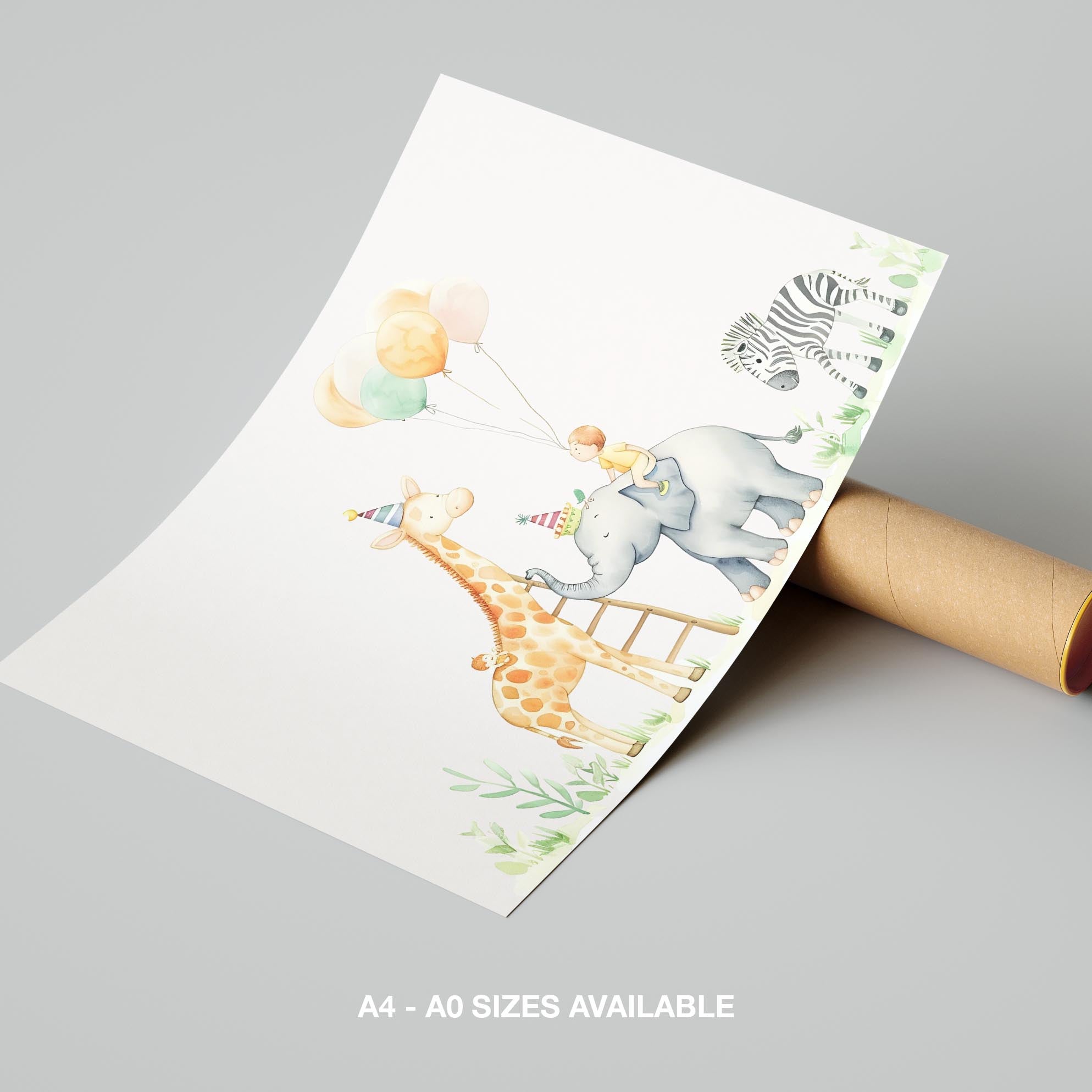 Cute Safari Animal Birthday Balloons - Rolled Poster Wall Art Print | House Prints