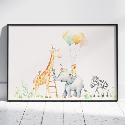 Cute Safari Animal Birthday Balloons - Rolled Poster Wall Art Print - House Prints