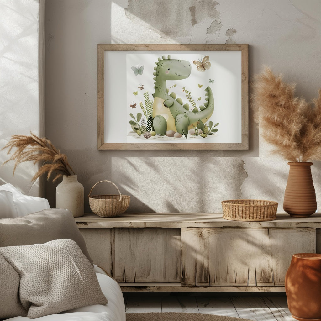 Cute Green Dinosaur in Nature - Rolled Poster Wall Art Print | House Prints