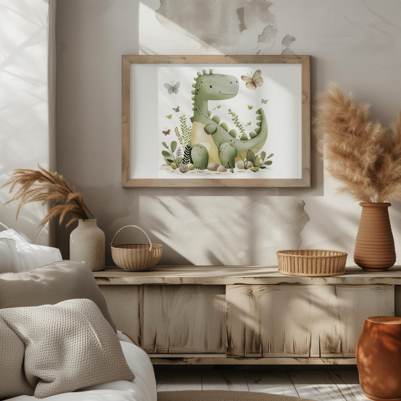 Cute Green Dinosaur in Nature - Rolled Poster Wall Art Print | House Prints