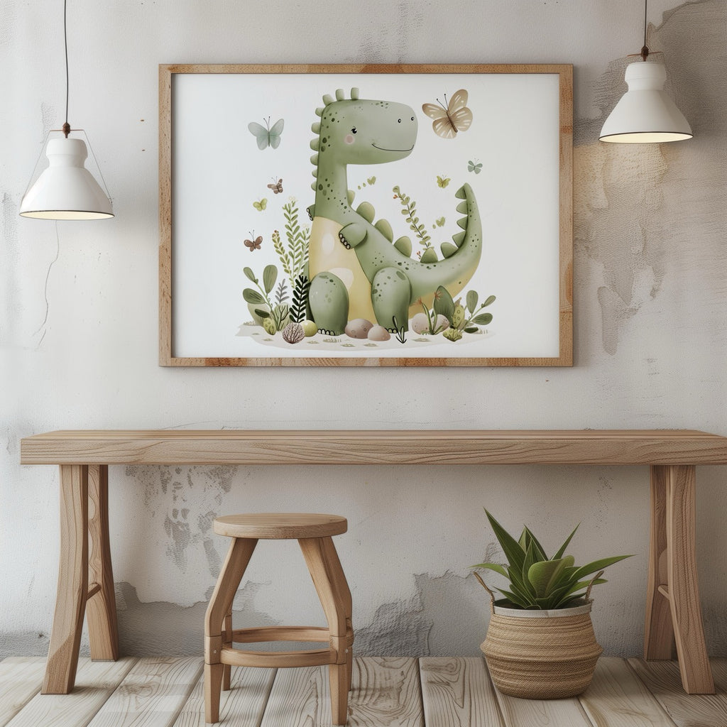 Cute Green Dinosaur in Nature - Rolled Poster Wall Art Print | House Prints