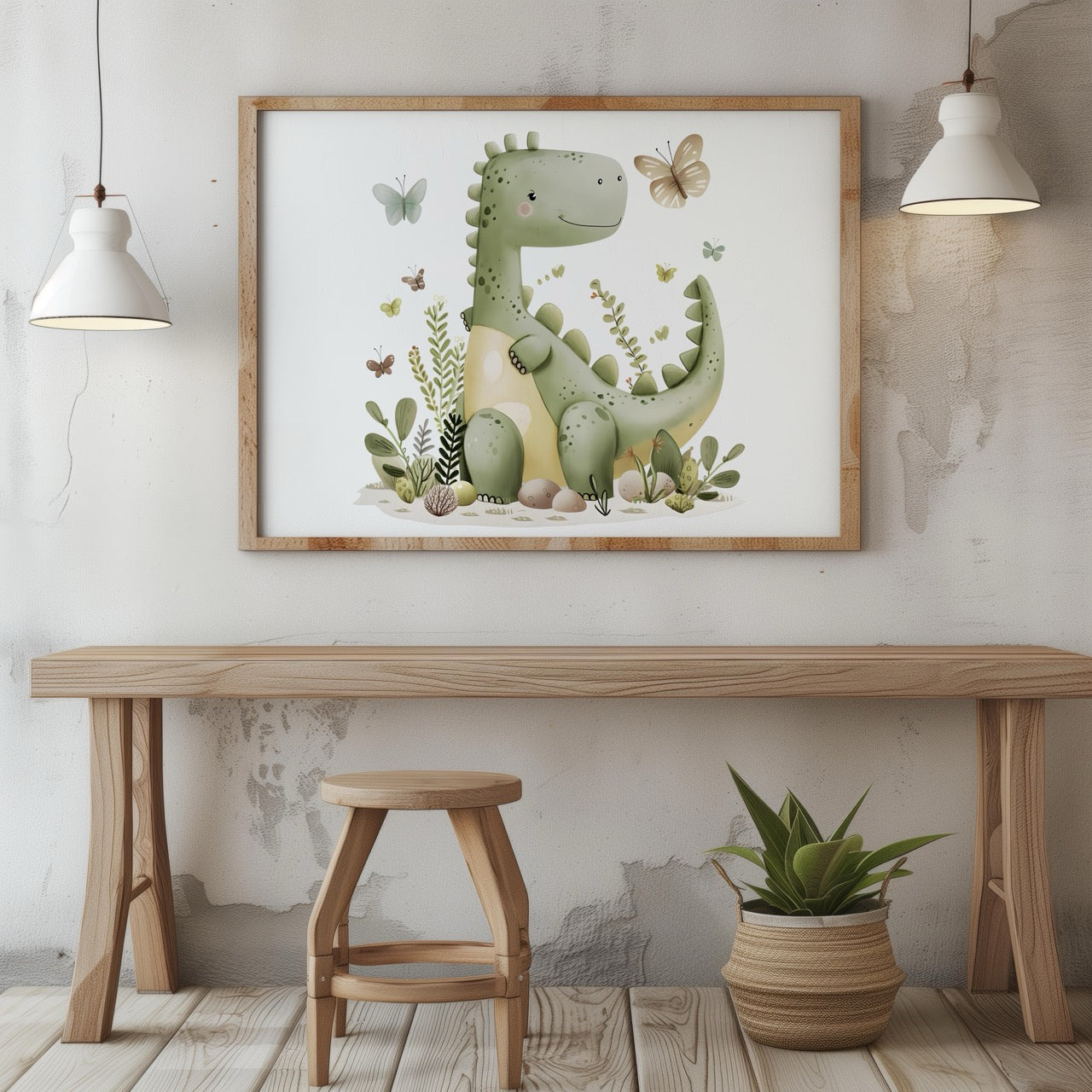 Cute Green Dinosaur in Nature - Rolled Poster Wall Art Print | House Prints
