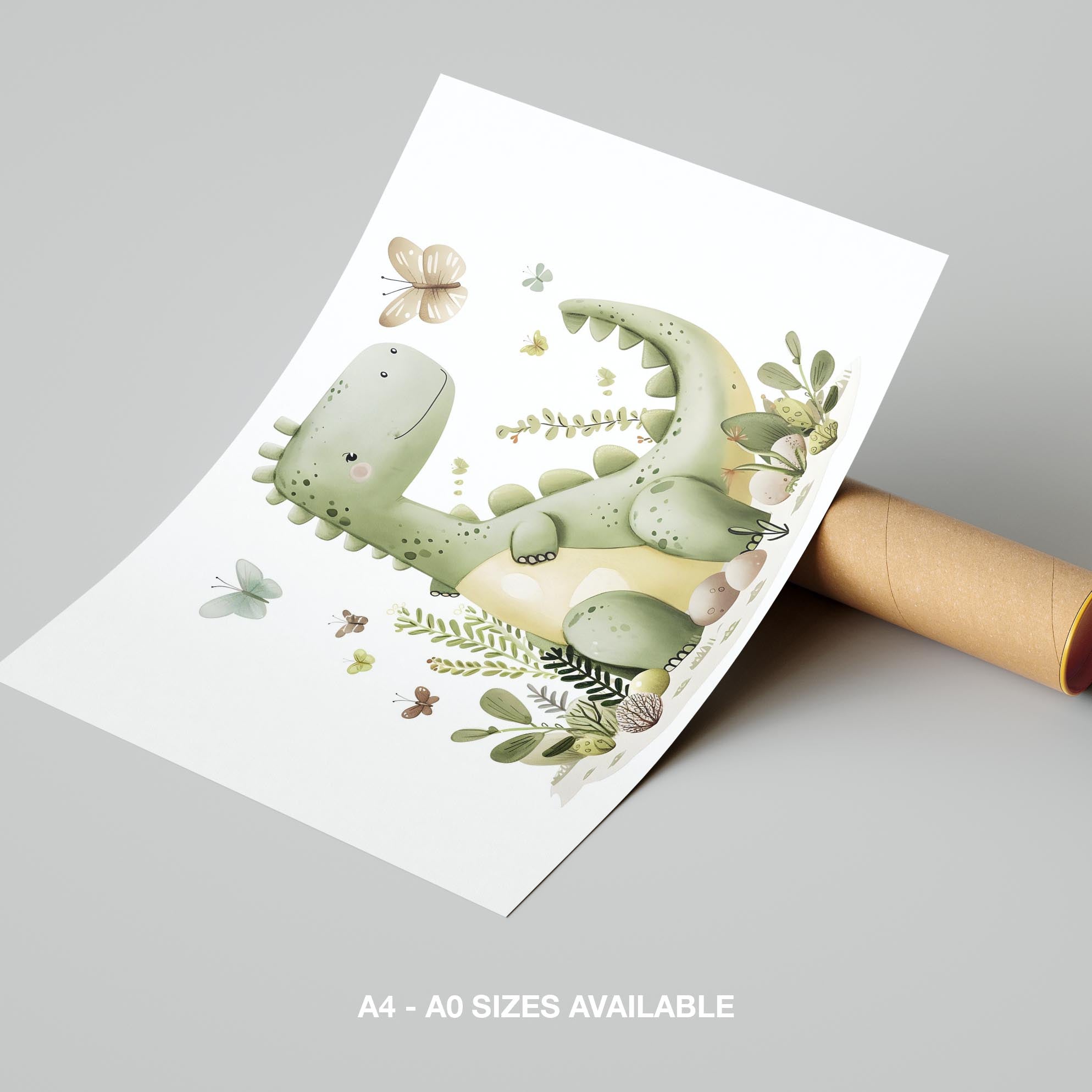 Cute Green Dinosaur in Nature - Rolled Poster Wall Art Print | House Prints