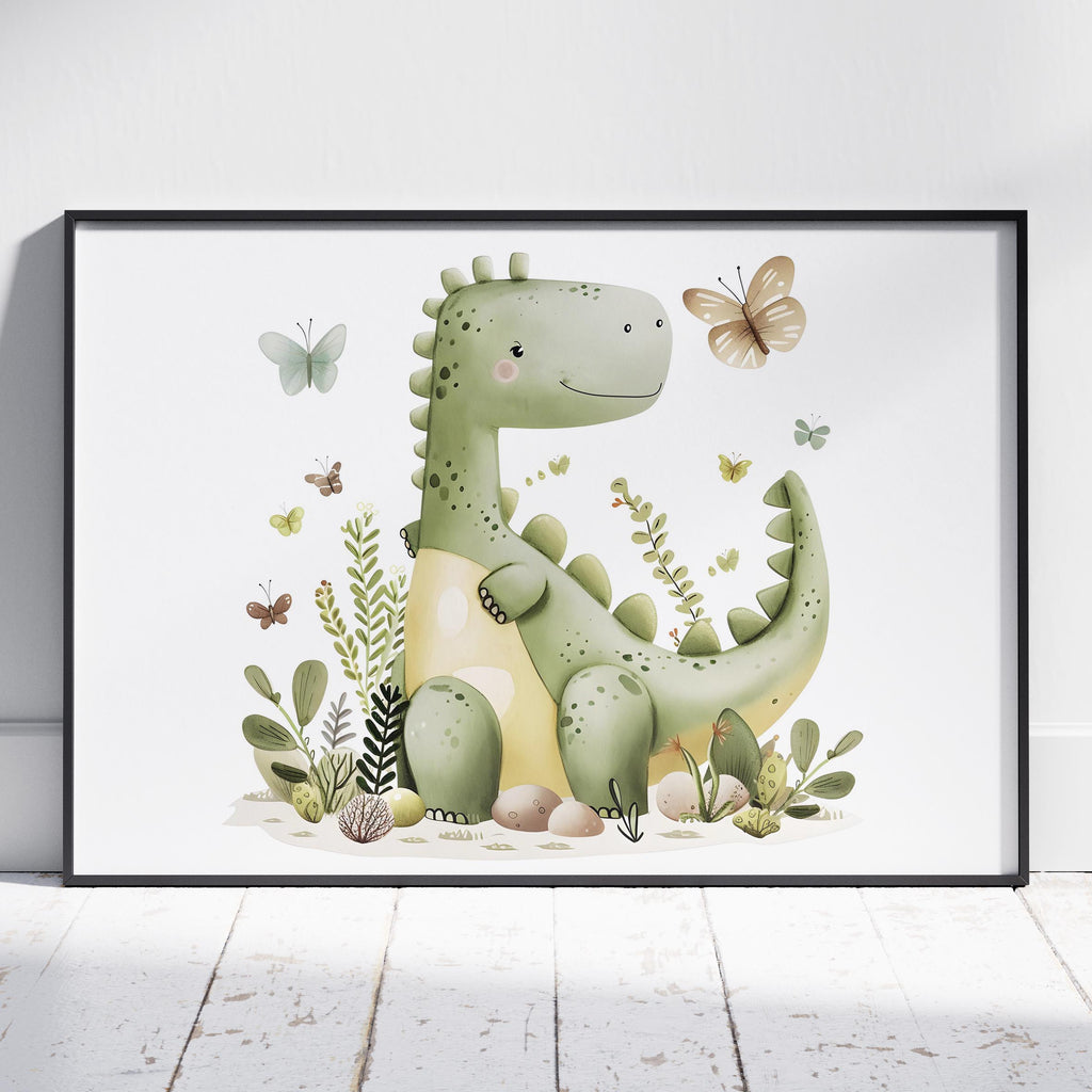 Cute Green Dinosaur in Nature - Rolled Poster Wall Art Print | House Prints