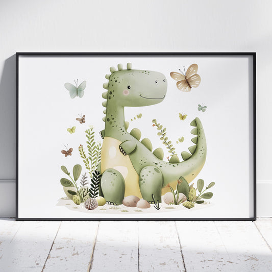 Cute Green Dinosaur in Nature - Rolled Poster Wall Art Print - House Prints