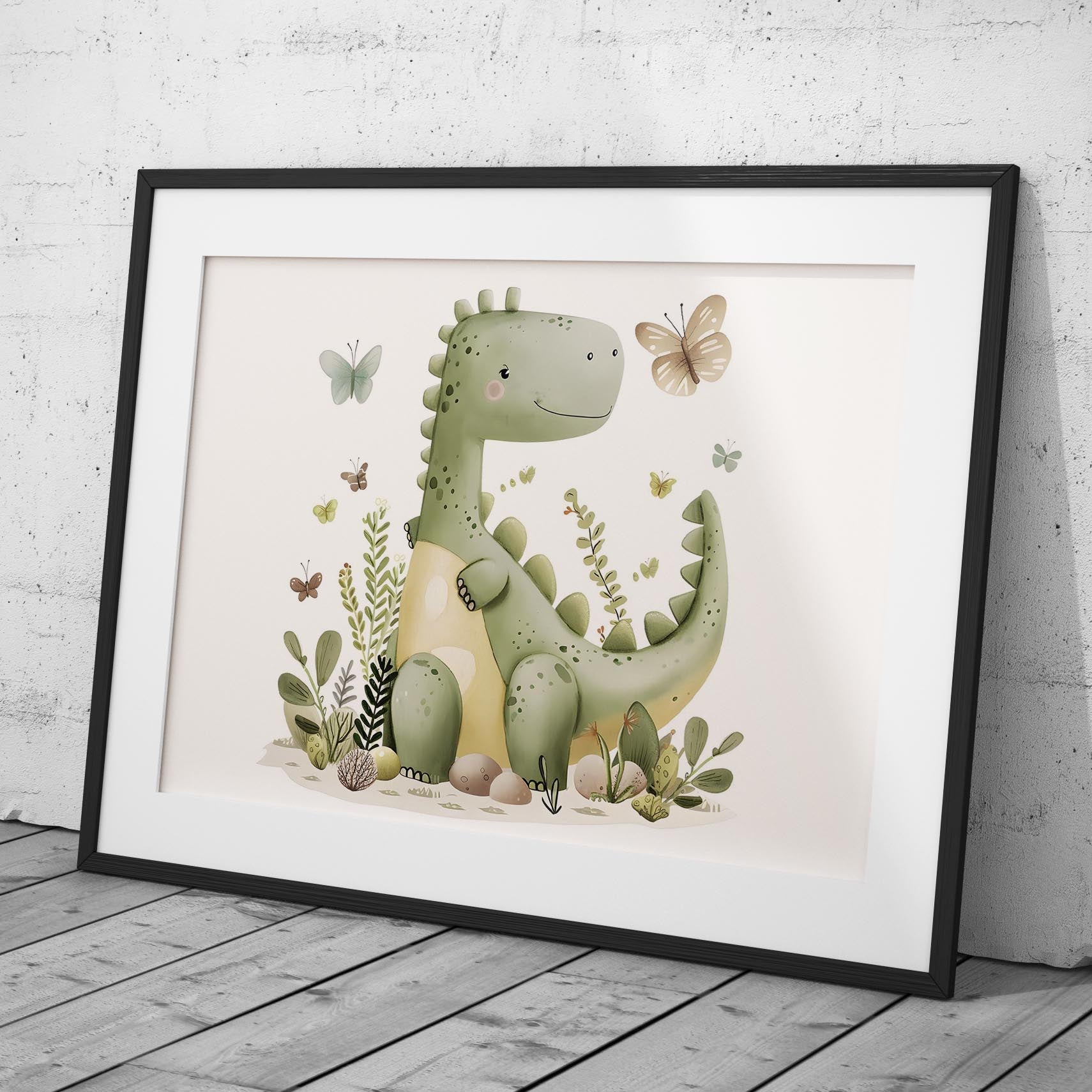 Cute Green Dinosaur in Nature - Rolled Poster Wall Art Print | House Prints