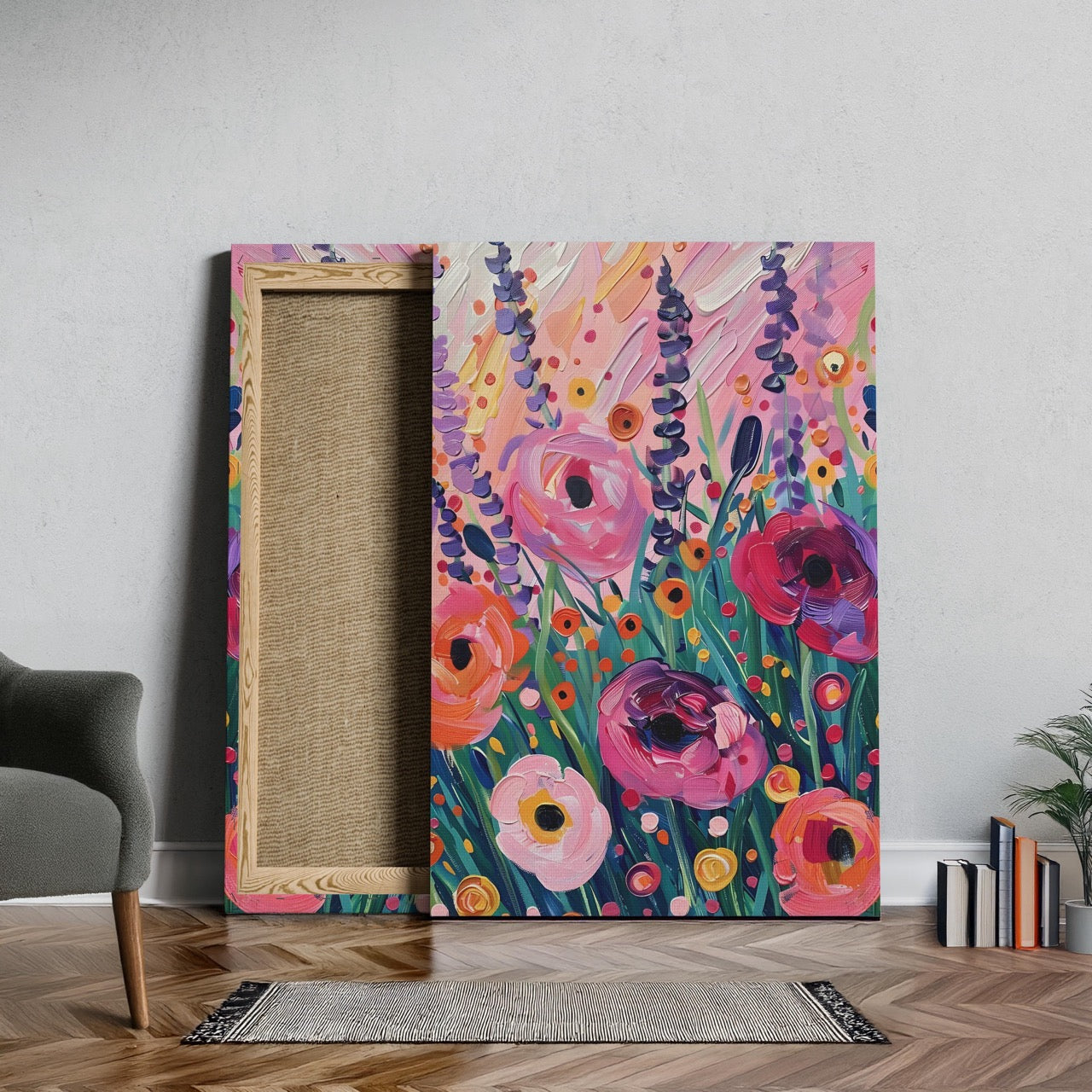Vibrant Wildflower Pink Garden Bliss - Framed Canvas Wall Art Print - House Prints