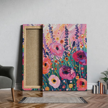 Vibrant Wildflower Pink Garden Bliss - Framed Canvas Wall Art Print - House Prints
