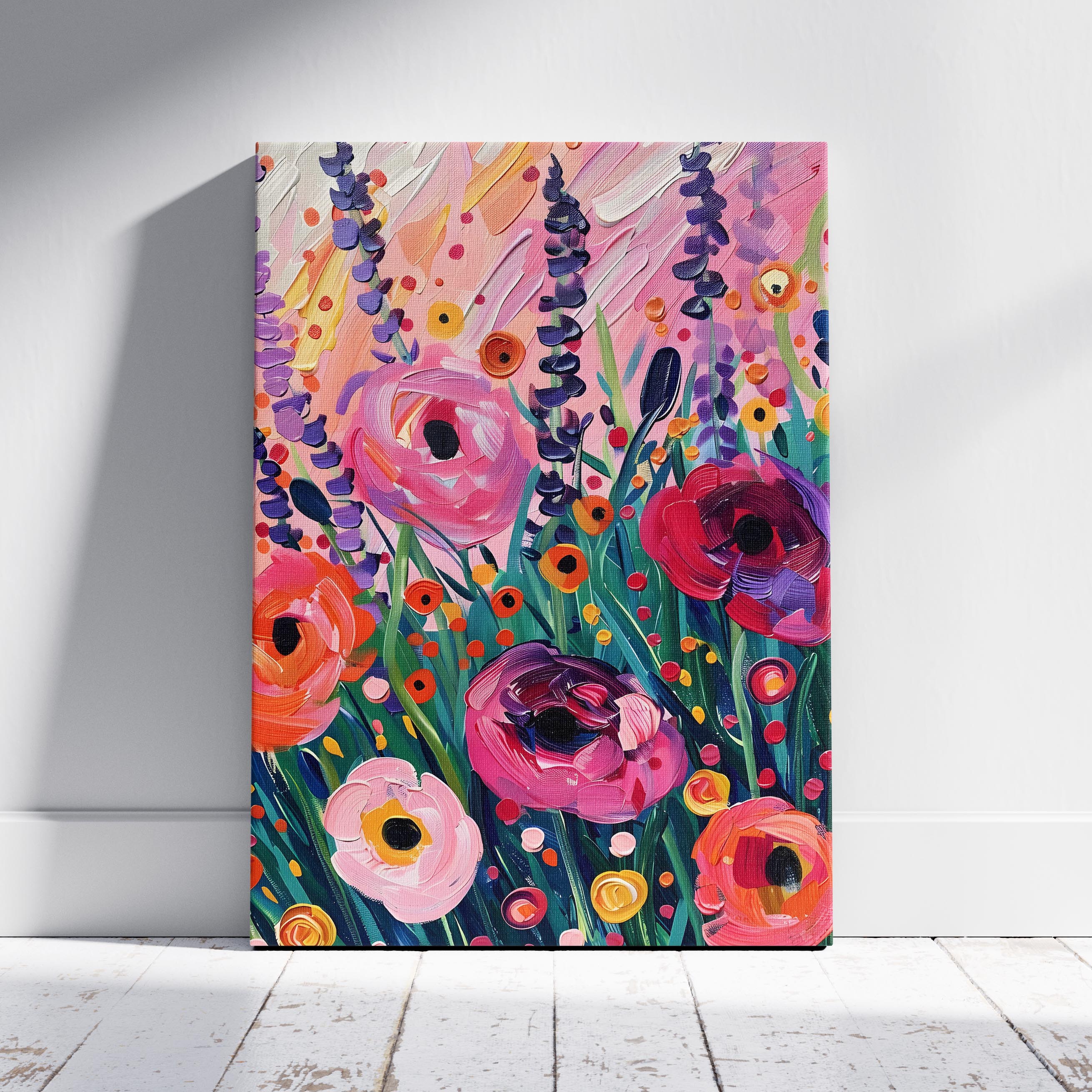 Vibrant Wildflower Pink Garden Bliss - Framed Canvas Wall Art Print | House Prints