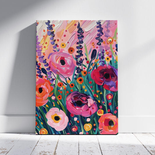 Vibrant Wildflower Pink Garden Bliss - Framed Canvas Wall Art Print - House Prints