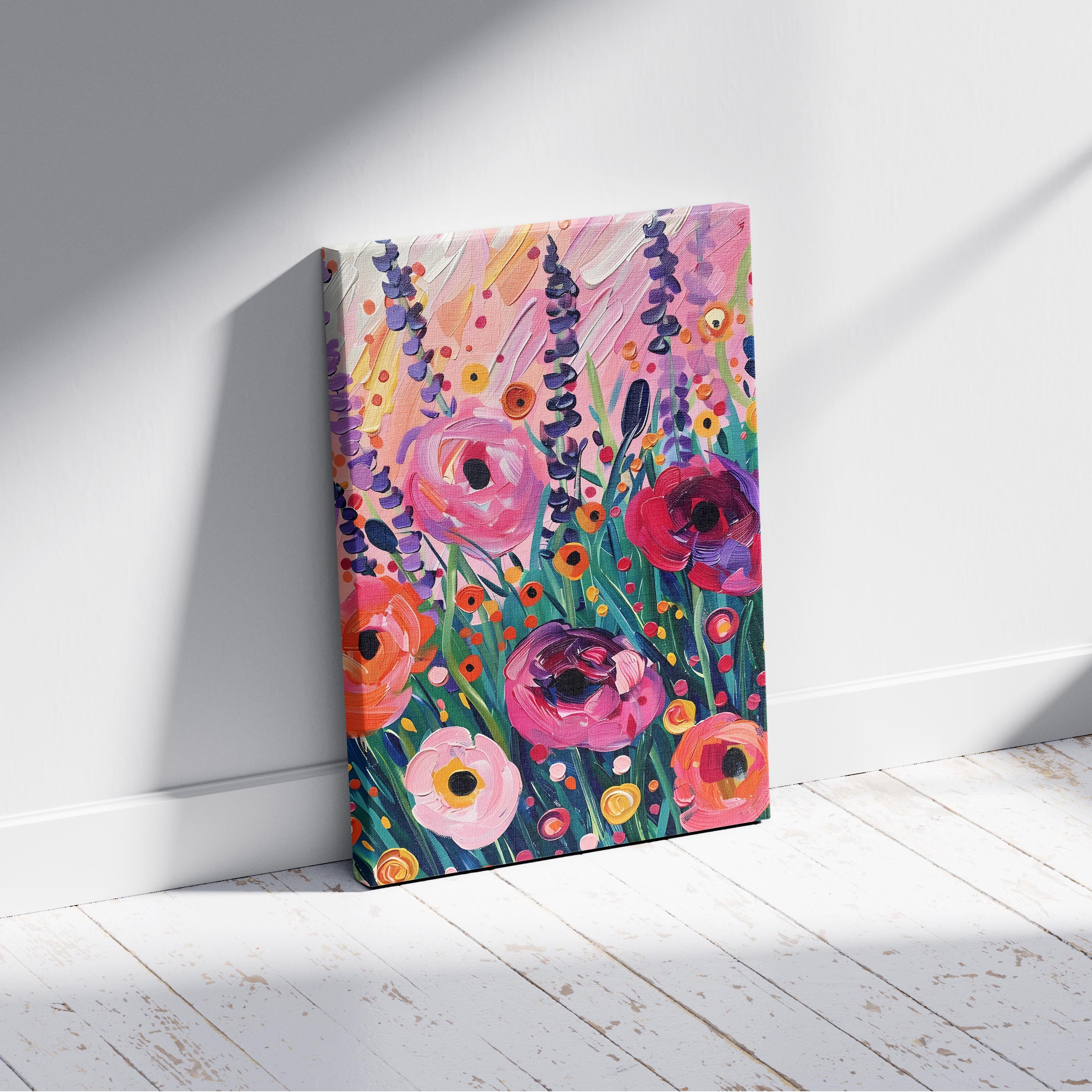 Vibrant Wildflower Pink Garden Bliss - Framed Canvas Wall Art Print | House Prints