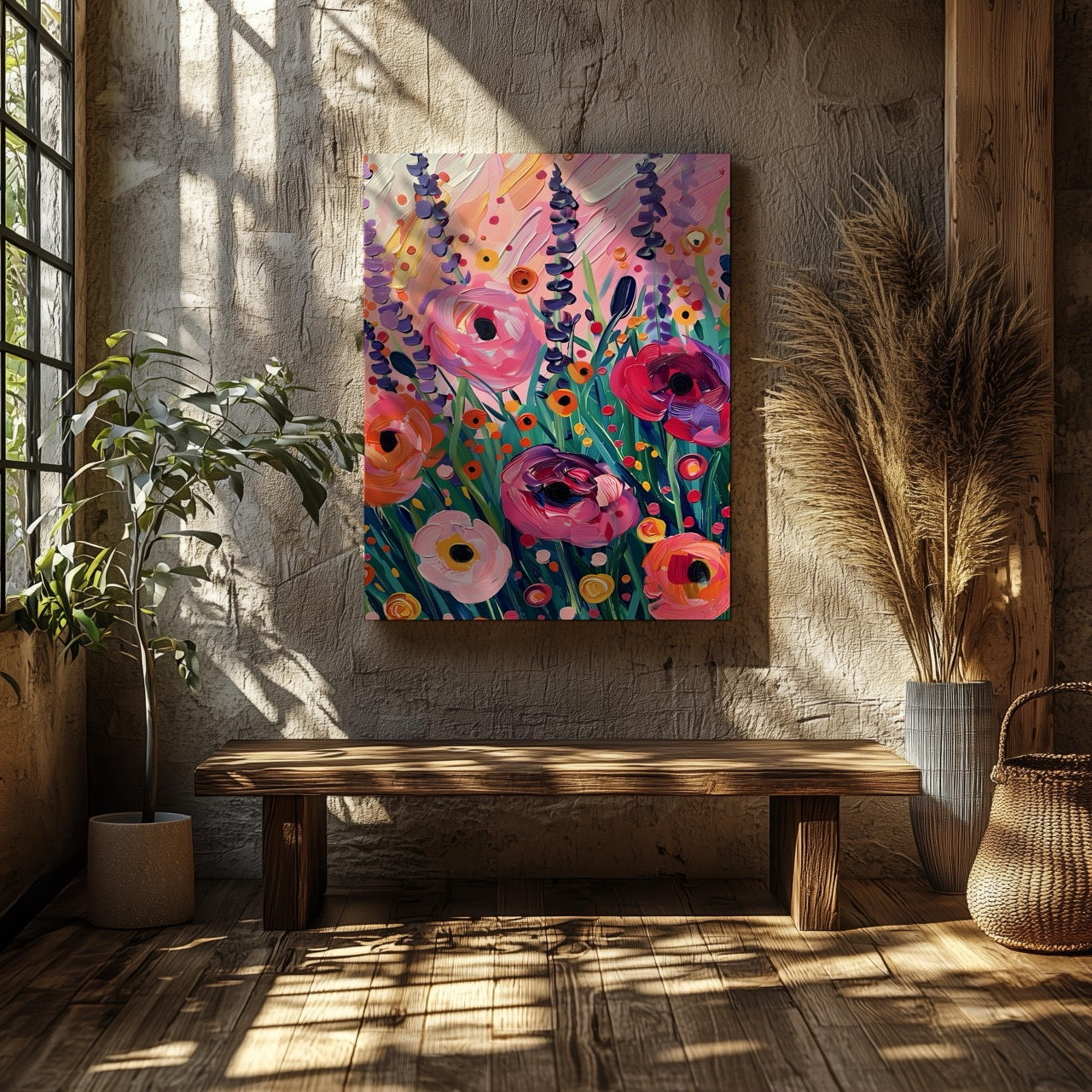 Vibrant Wildflower Pink Garden Bliss - Framed Canvas Wall Art Print - House Prints