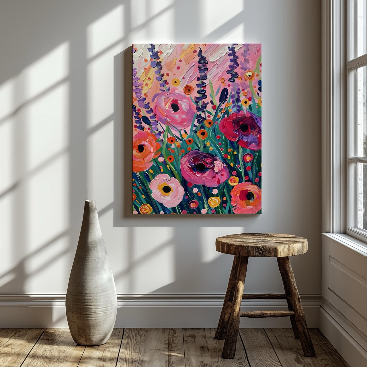 Vibrant Wildflower Pink Garden Bliss - Framed Canvas Wall Art Print - House Prints