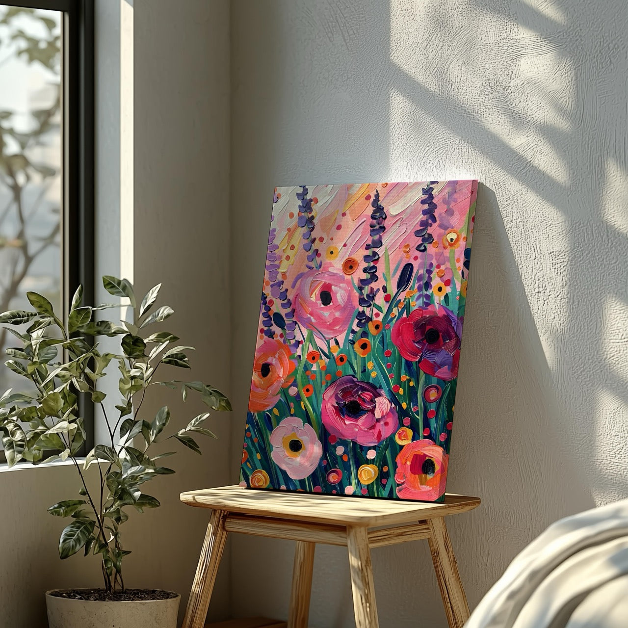 Vibrant Wildflower Pink Garden Bliss - Framed Canvas Wall Art Print - House Prints