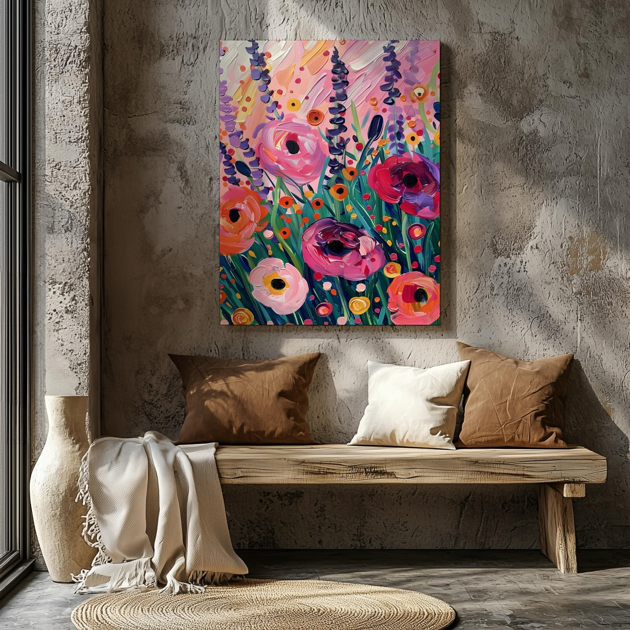 Vibrant Wildflower Pink Garden Bliss - Framed Canvas Wall Art Print - House Prints