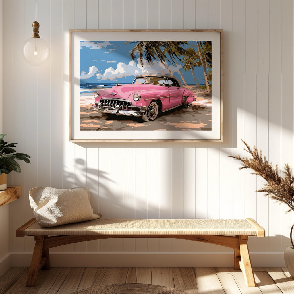 Pink Cadillac Car in Paradise - Rolled Poster Wall Art Print | House Prints