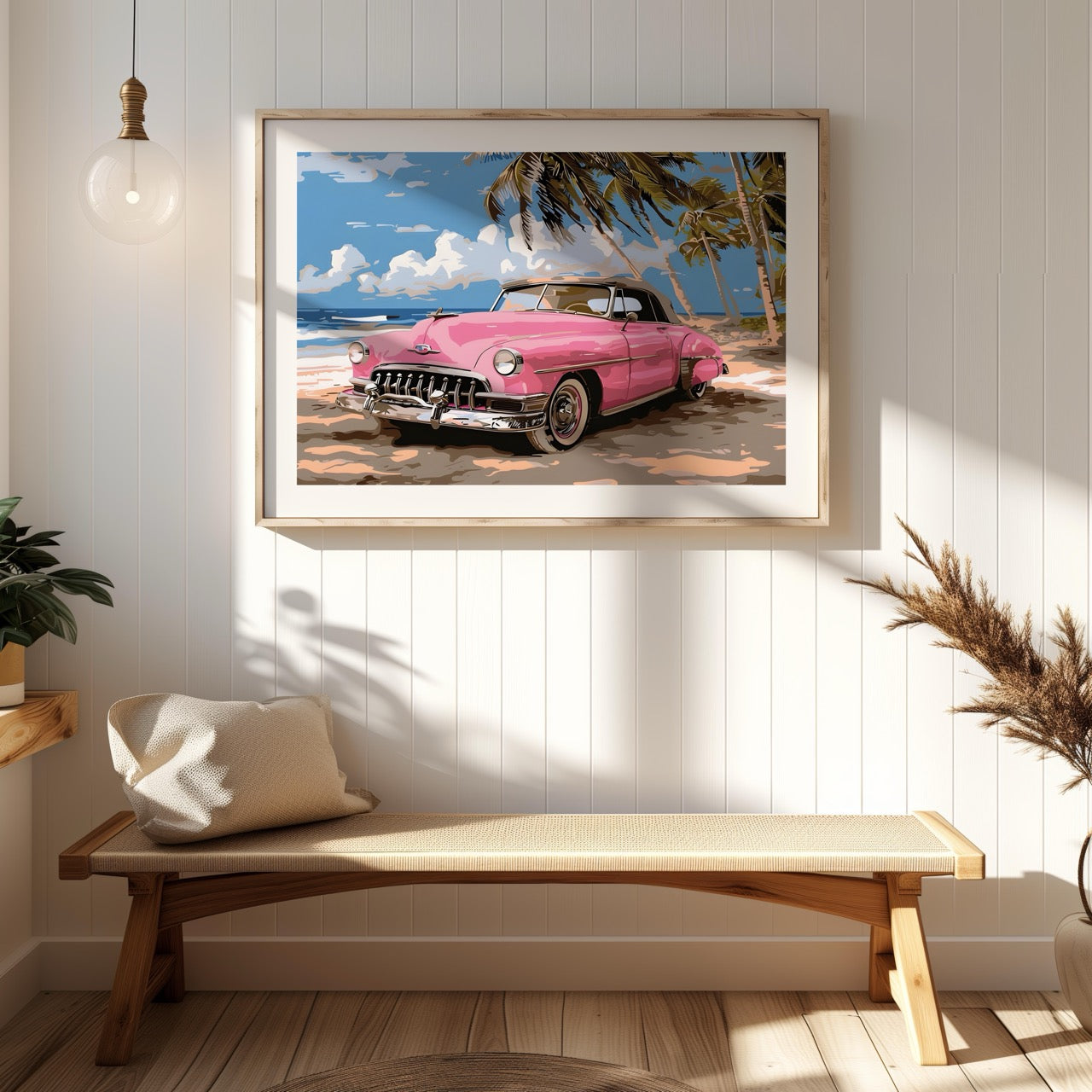 Pink Cadillac Car in Paradise - Rolled Poster Wall Art Print | House Prints