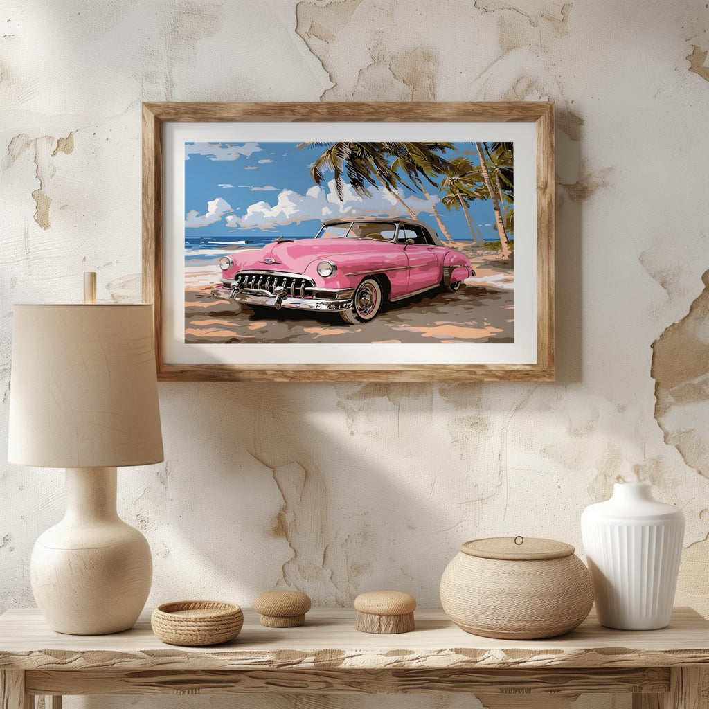 Pink Cadillac Car in Paradise - Rolled Poster Wall Art Print | House Prints