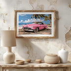 Pink Retro Cadillac Car in Paradise - Rolled Poster Wall Art Print | House Prints