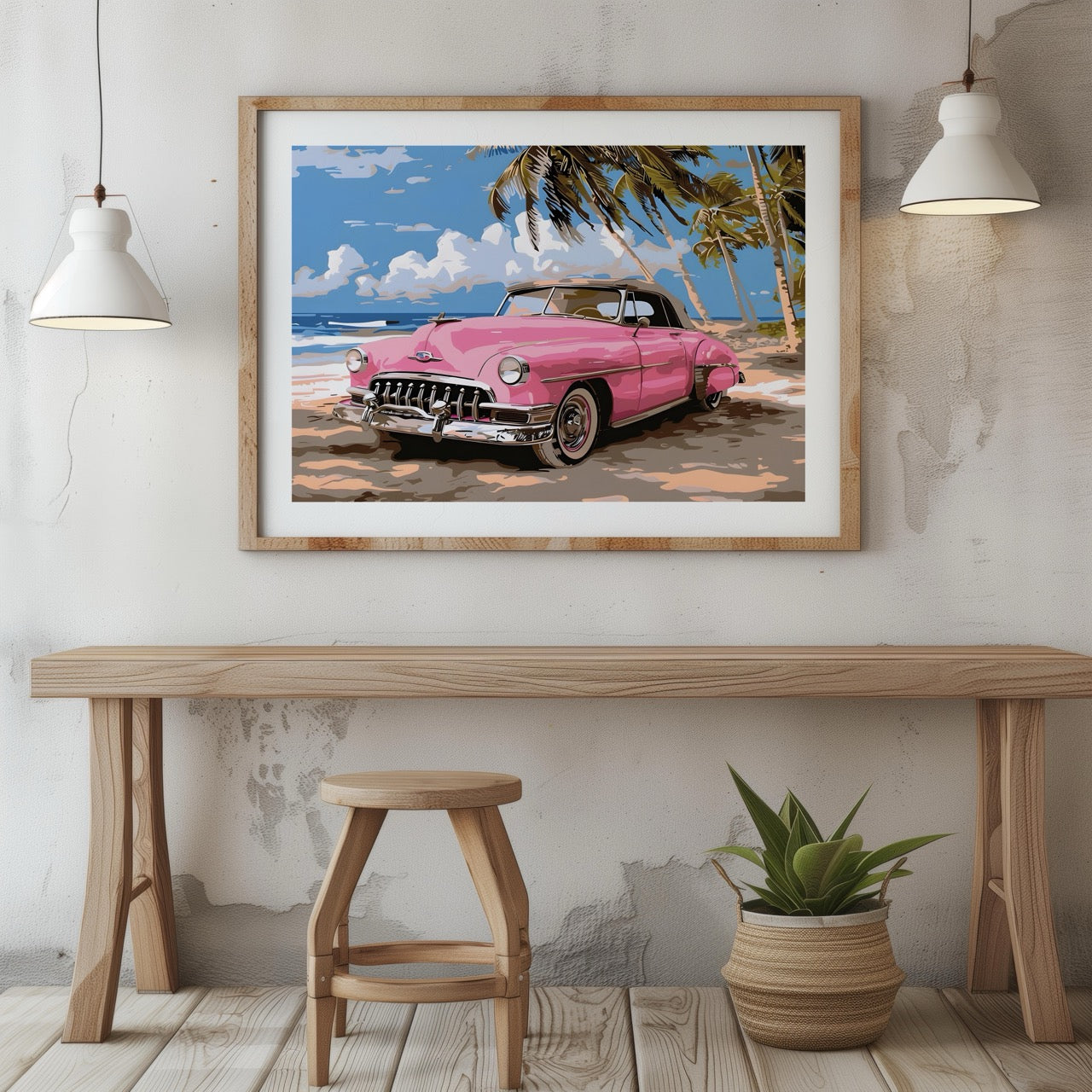 Pink Cadillac Car in Paradise - Rolled Poster Wall Art Print | House Prints