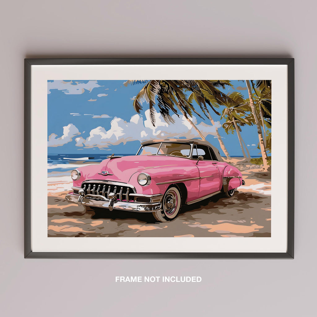 Pink Cadillac Car in Paradise - Rolled Poster Wall Art Print | House Prints