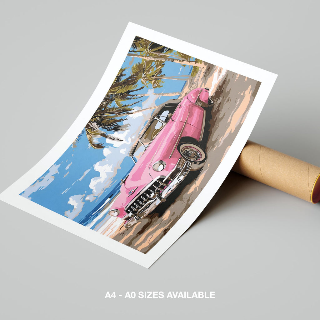 Pink Cadillac Car in Paradise - Rolled Poster Wall Art Print | House Prints