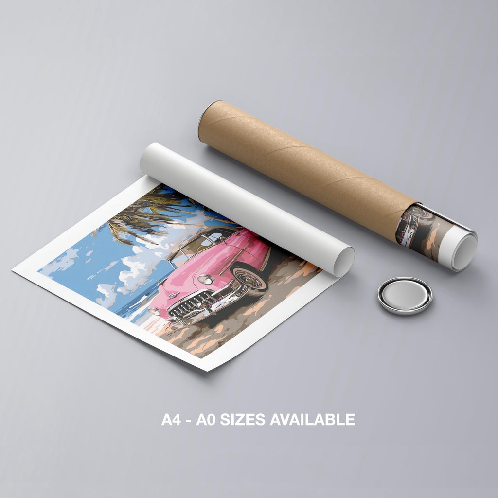 Pink Cadillac Car in Paradise - Rolled Poster Wall Art Print | House Prints