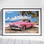 Pink Retro Cadillac Car in Paradise - Rolled Poster Wall Art Print | House Prints