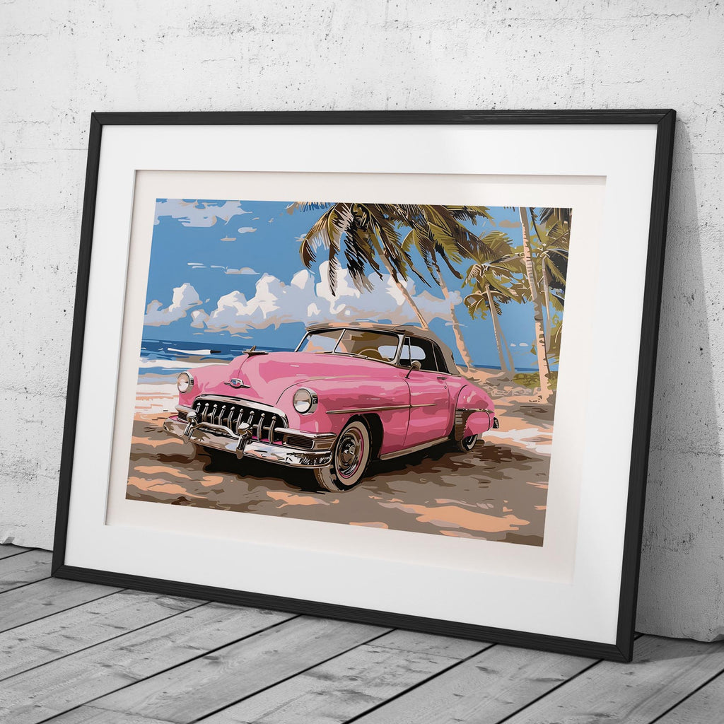 Pink Cadillac Car in Paradise - Rolled Poster Wall Art Print | House Prints