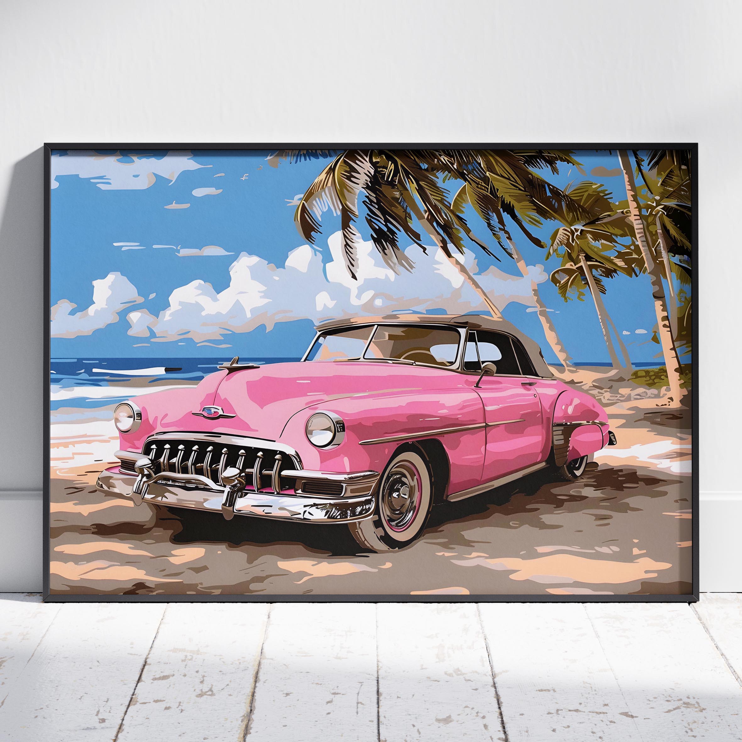 Pink Cadillac Car in Paradise - Rolled Poster Wall Art Print | House Prints