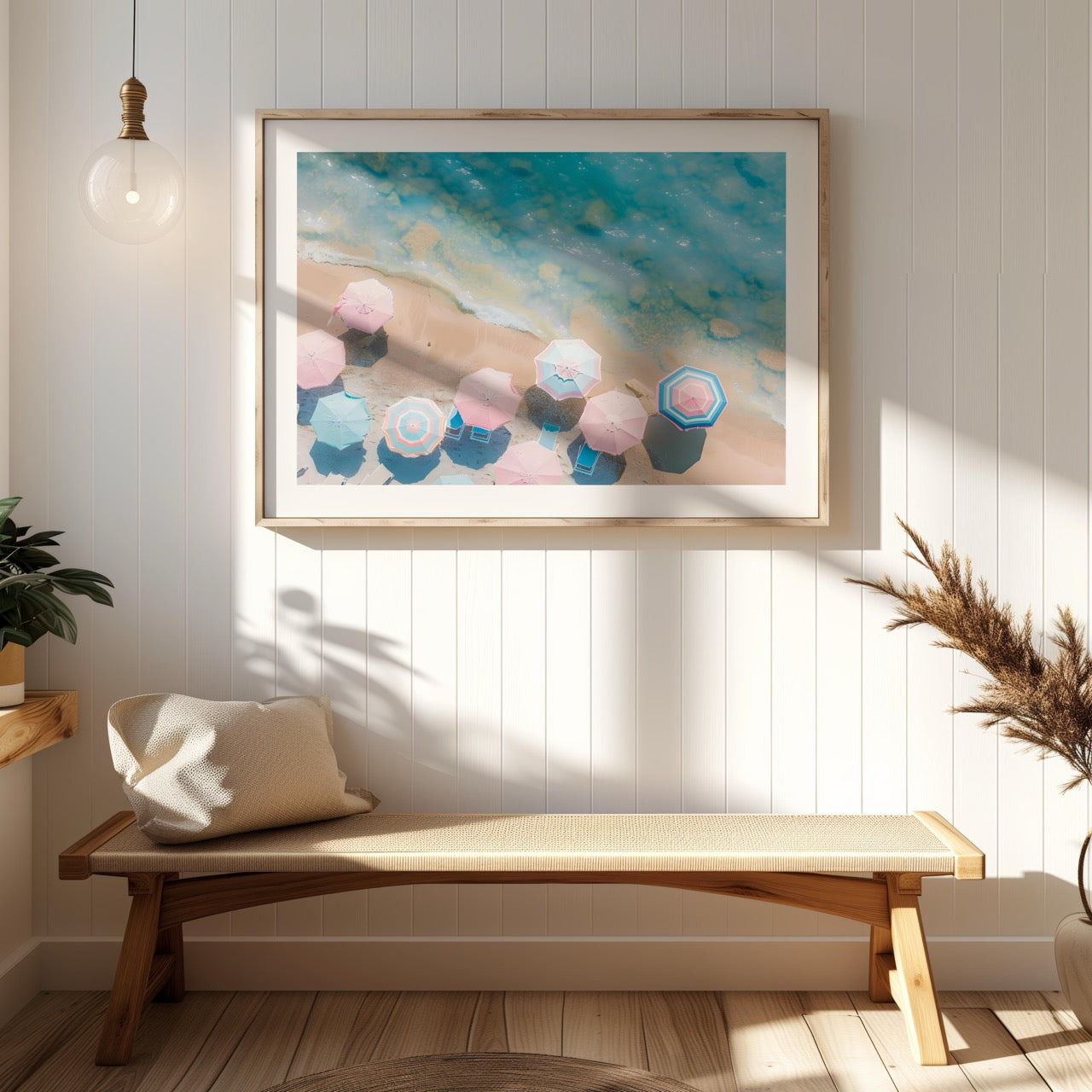 Pastel Beach Umbrellas and Blue Sea - Rolled Poster Wall Art Print | House Prints