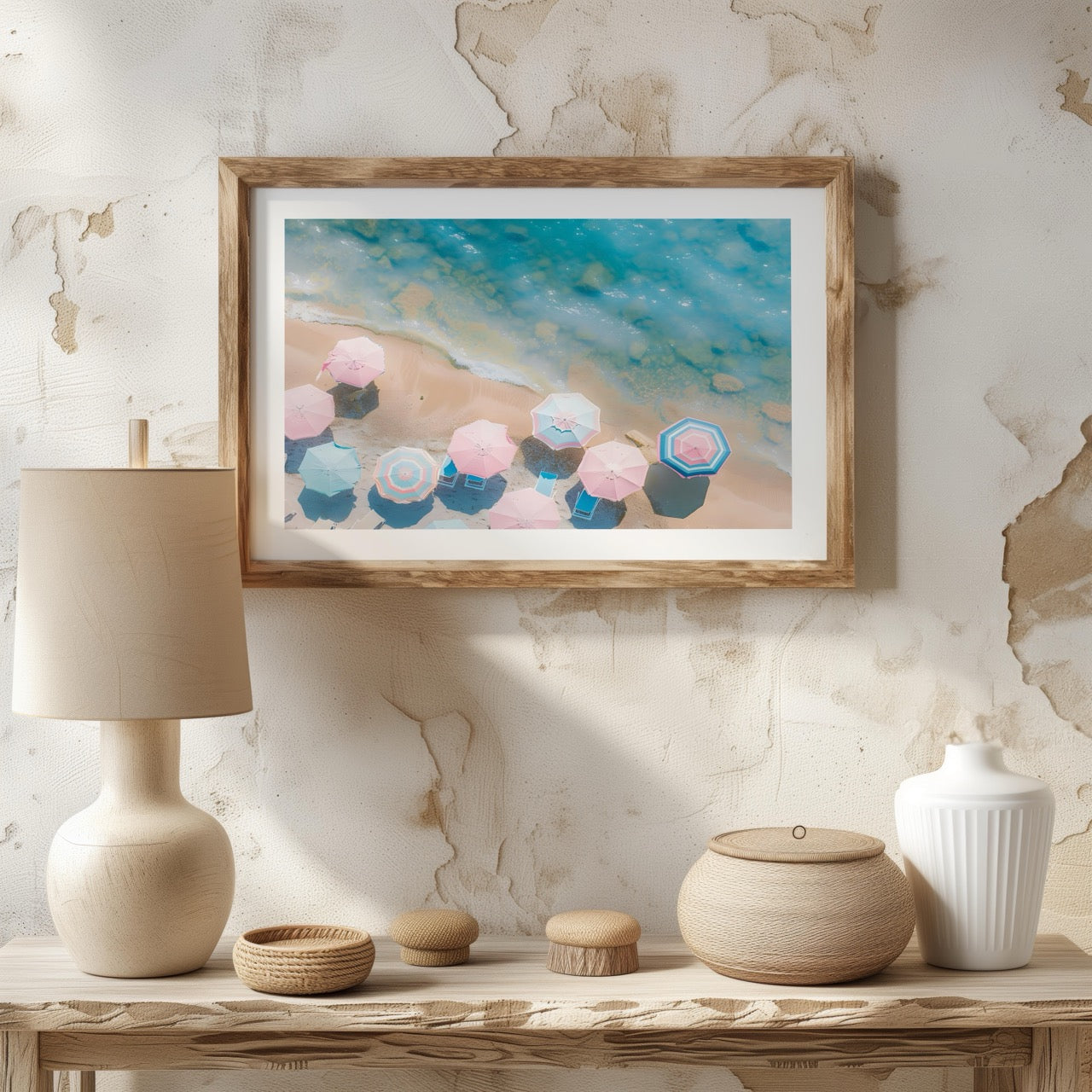 Pastel Beach Umbrellas and Blue Sea - Rolled Poster Wall Art Print | House Prints