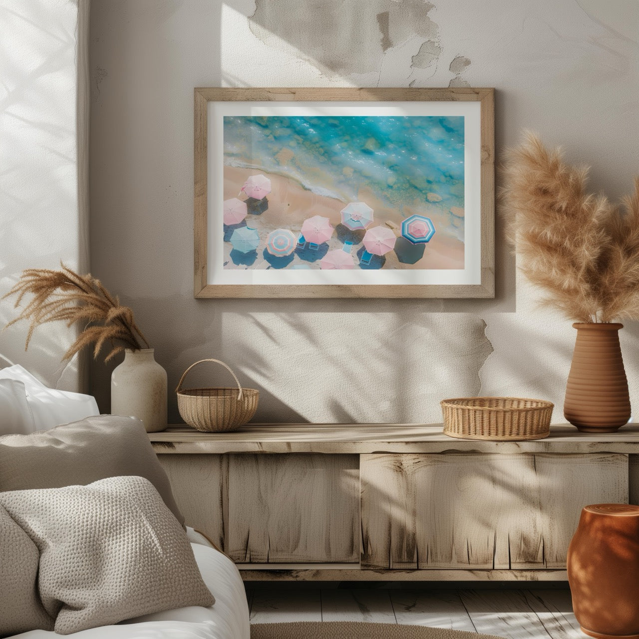 Pastel Beach Umbrellas and Blue Sea - Rolled Poster Wall Art Print | House Prints