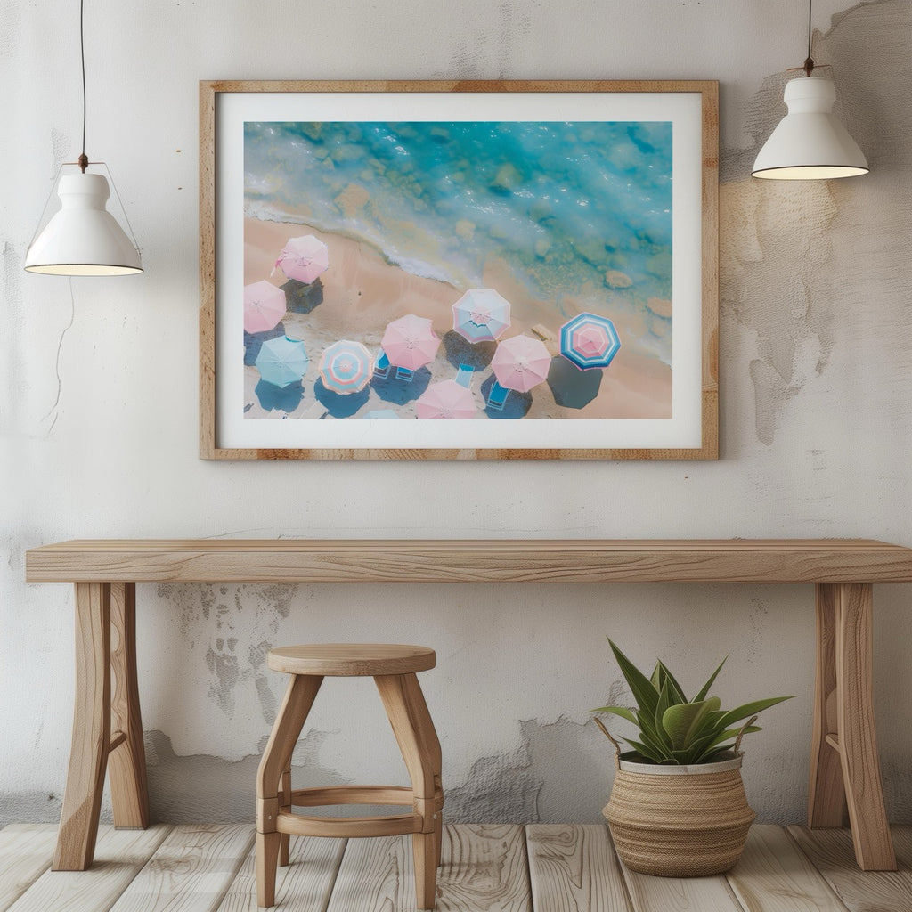 Pastel Beach Umbrellas and Blue Sea - Rolled Poster Wall Art Print | House Prints