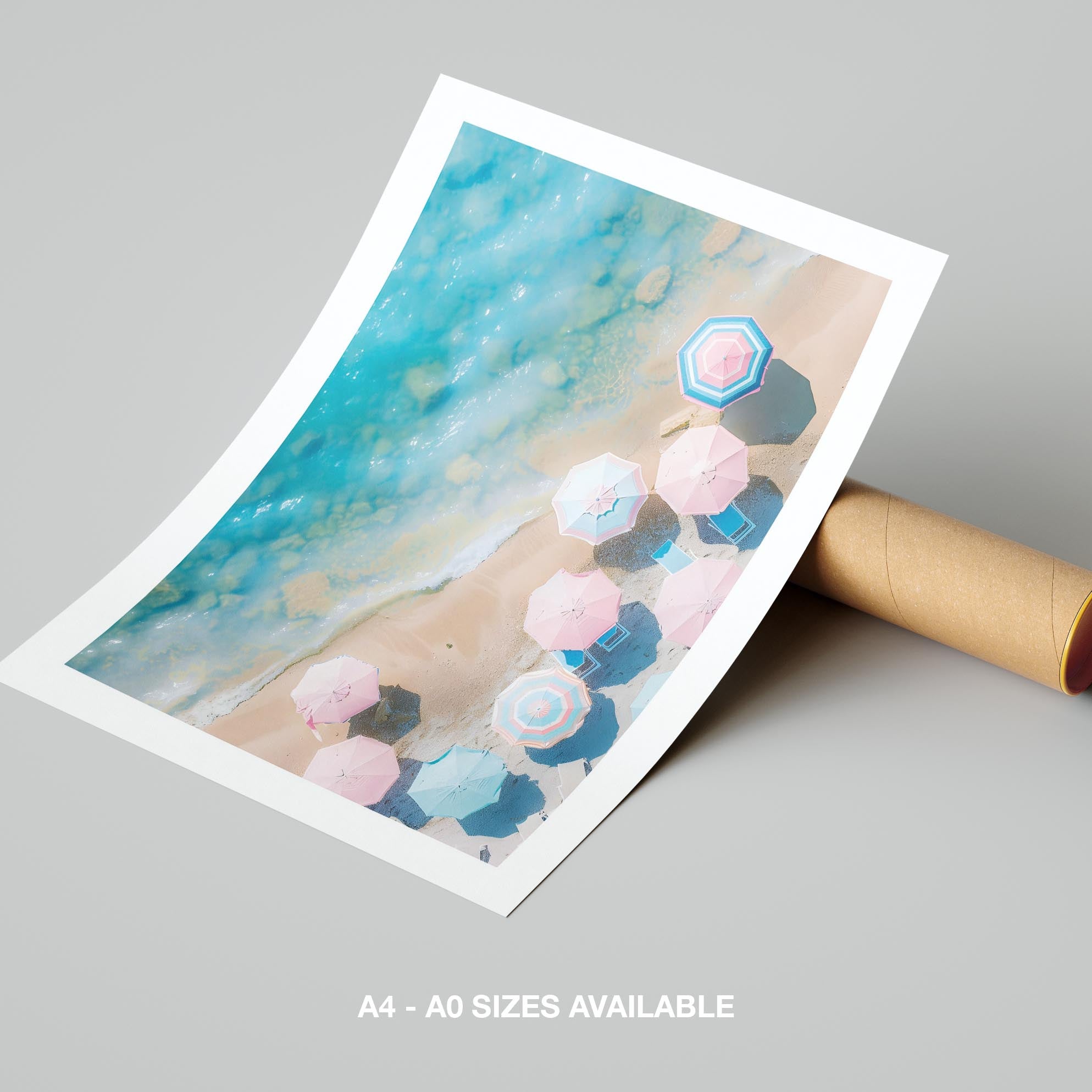 Pastel Beach Umbrellas and Blue Sea - Rolled Poster Wall Art Print | House Prints