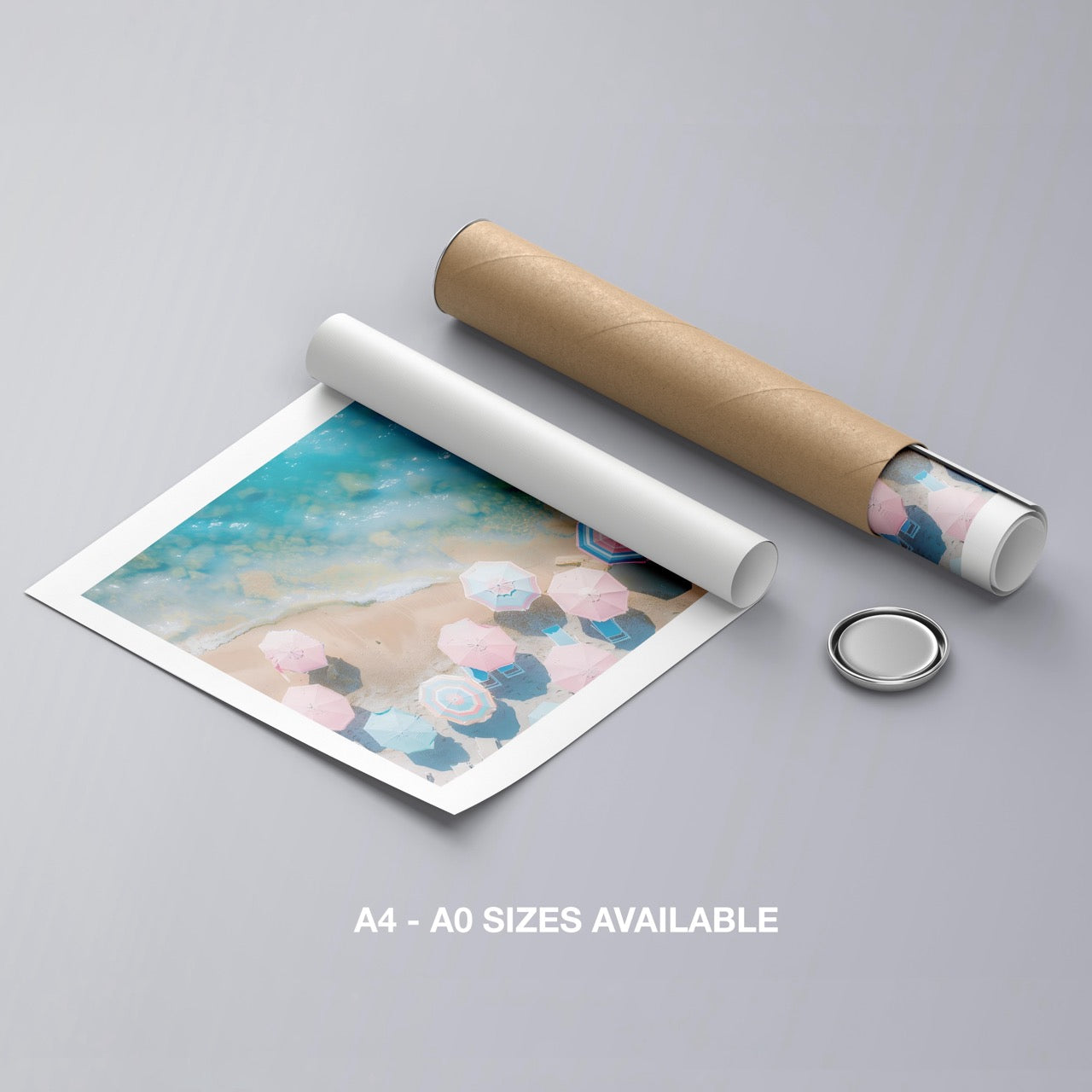 Pastel Beach Umbrellas and Blue Sea - Rolled Poster Wall Art Print | House Prints