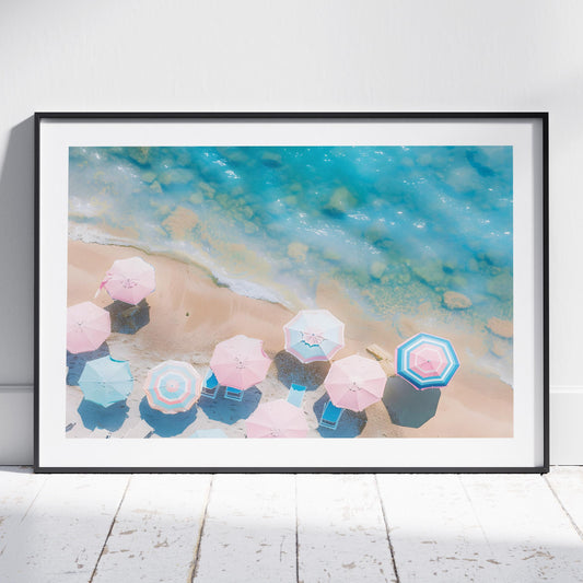 Pastel Beach Umbrellas and Blue Sea - Rolled Poster Wall Art Print - House Prints