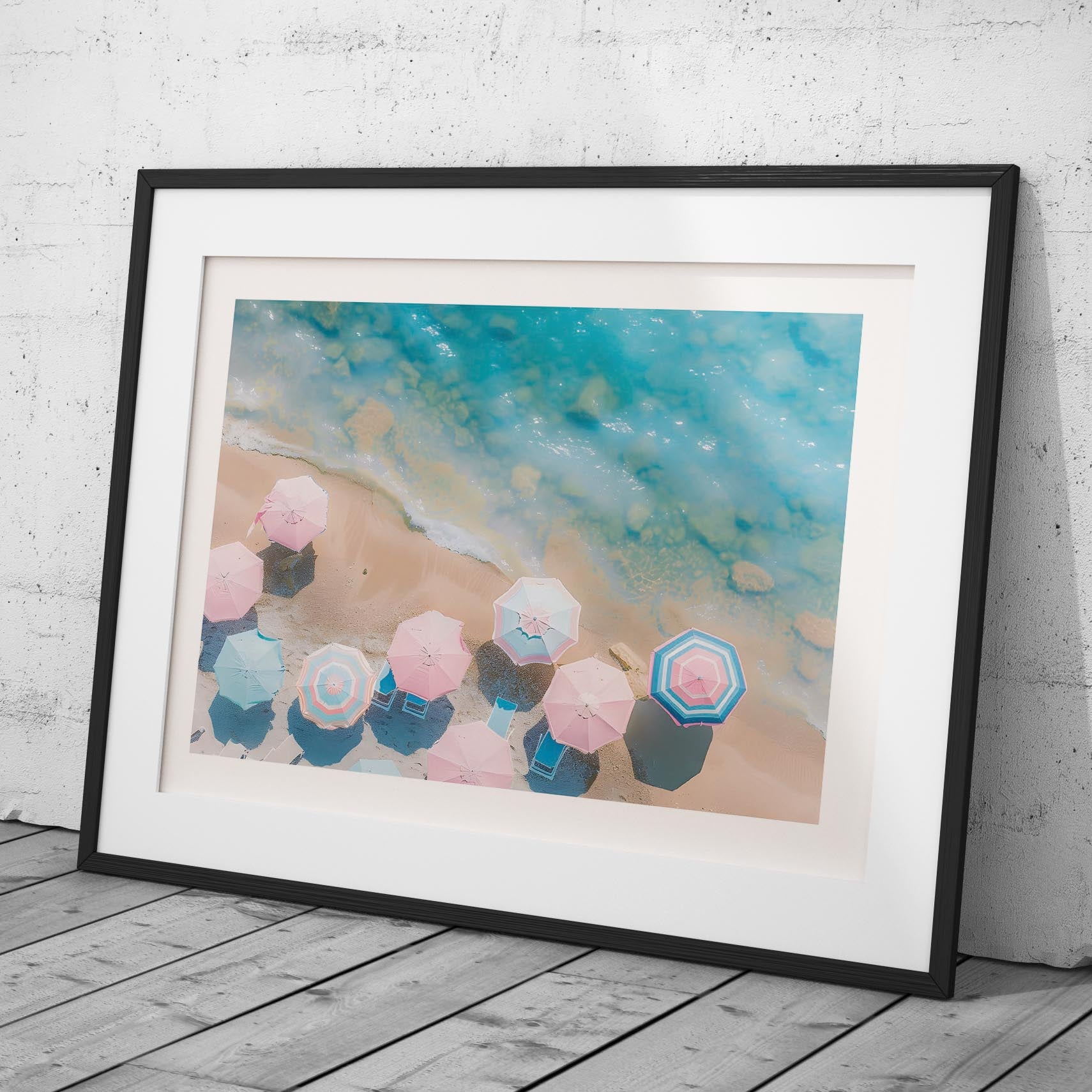 Pastel Beach Umbrellas and Blue Sea - Rolled Poster Wall Art Print | House Prints