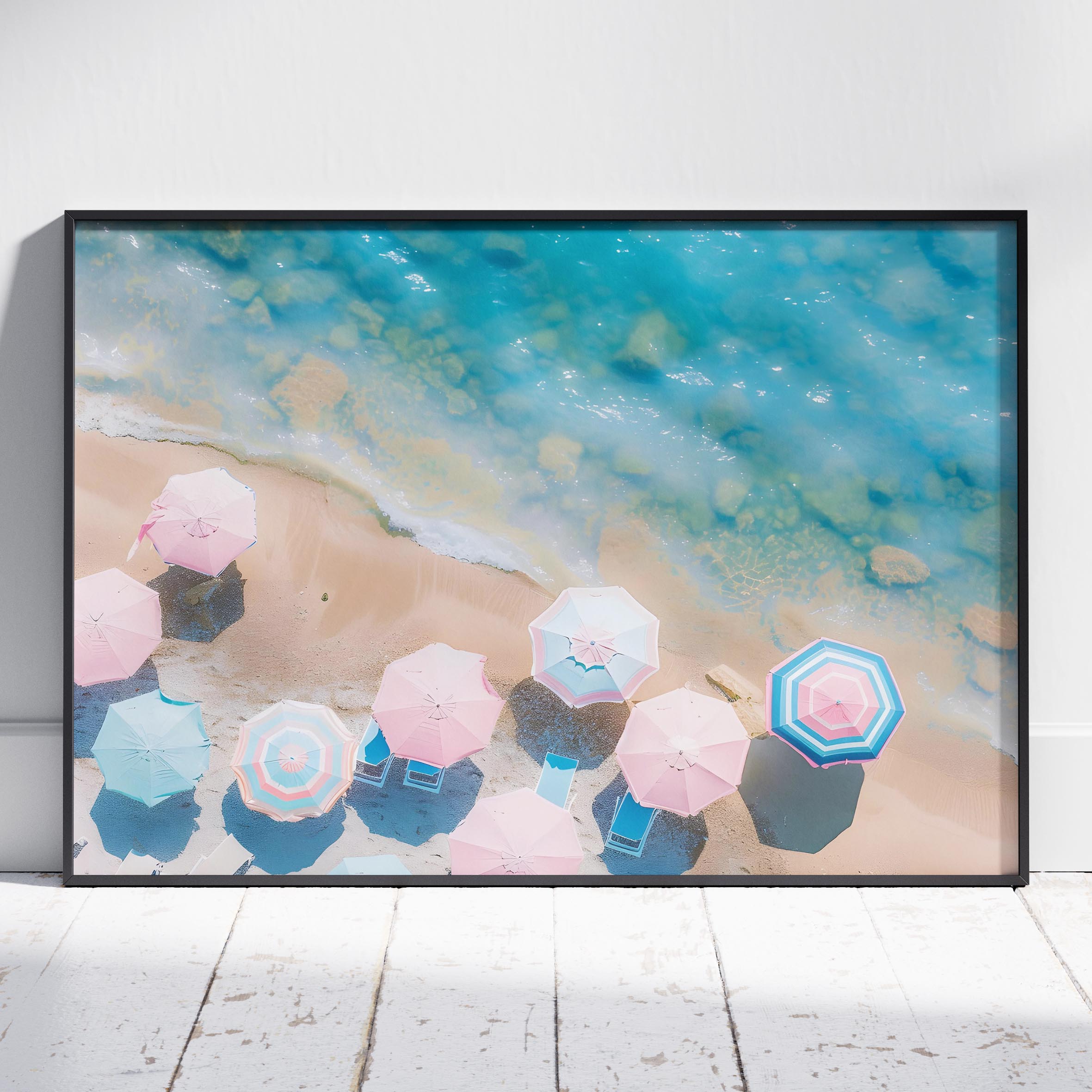 Pastel Beach Umbrellas and Blue Sea - Rolled Poster Wall Art Print | House Prints