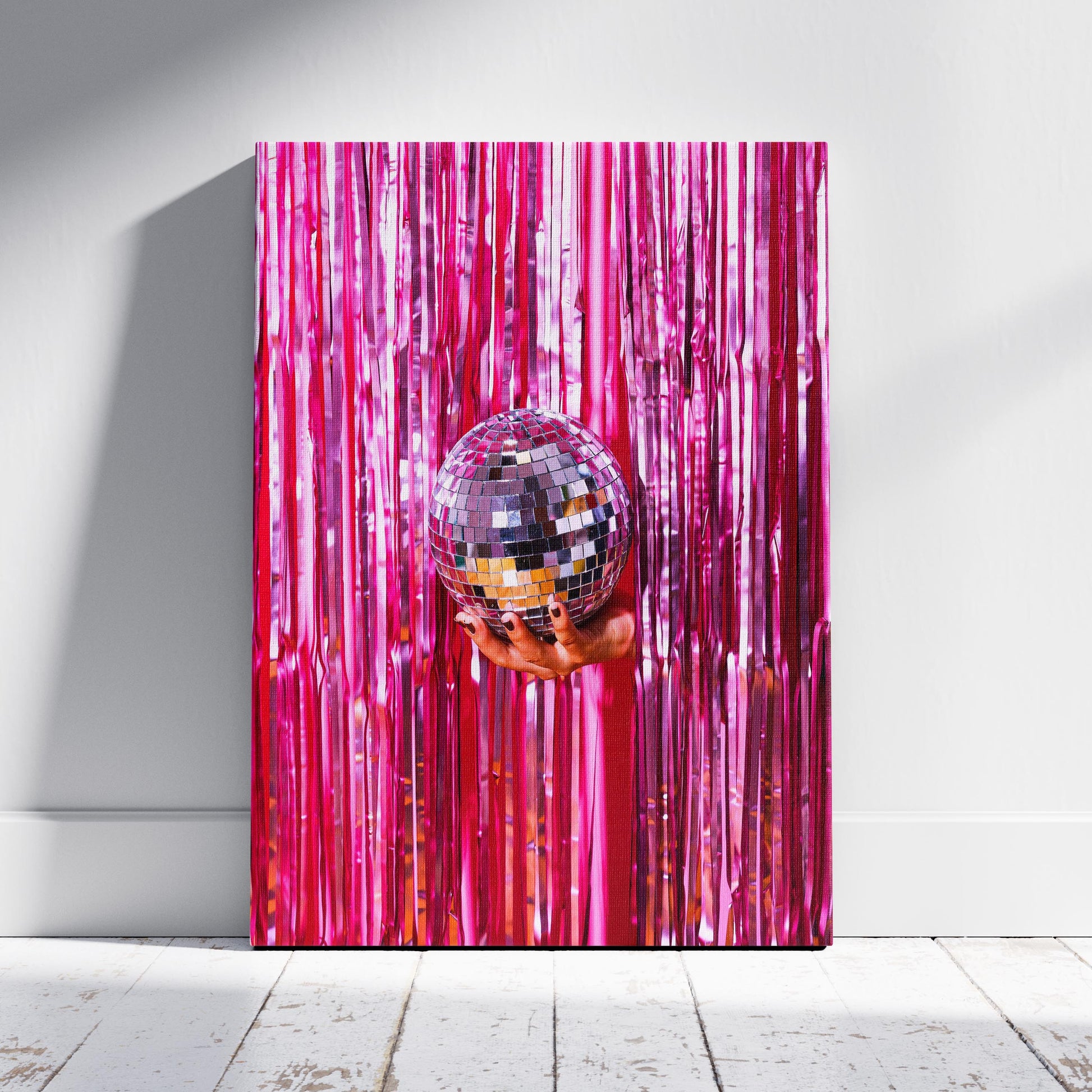 Pink Sparkle Disco Ball Party - Framed Canvas Wall Art Print - House Prints